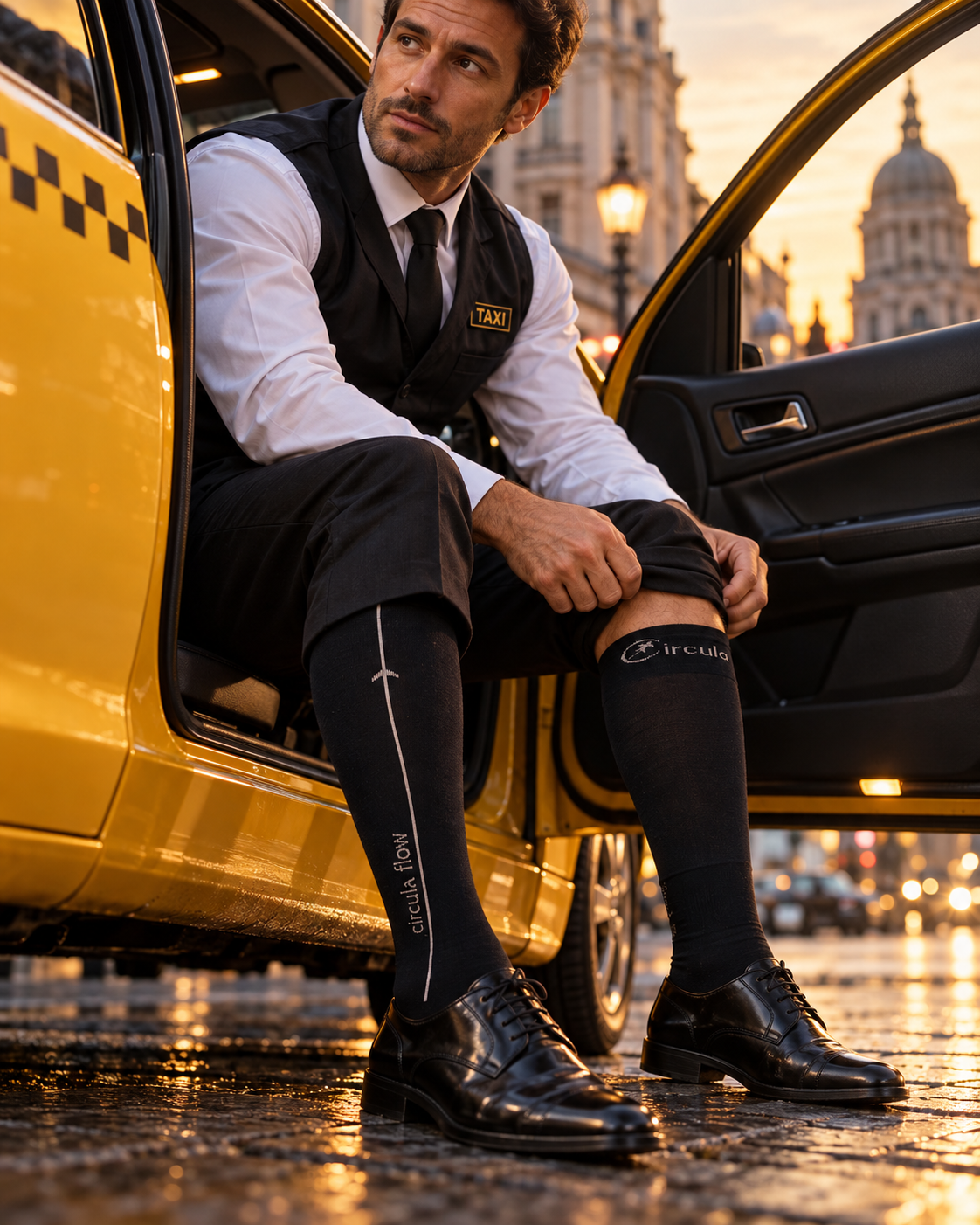 Professional driver wearing Circula compression socks
